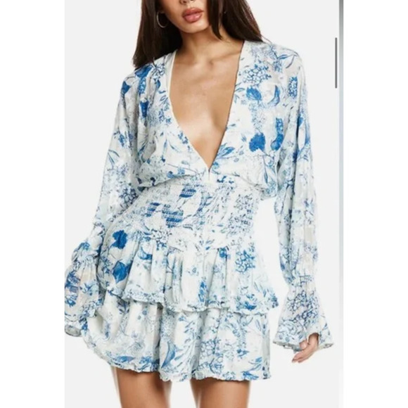 Hemant and Nandita Blue and White Floral Mini Dress - Picture 1 of 11